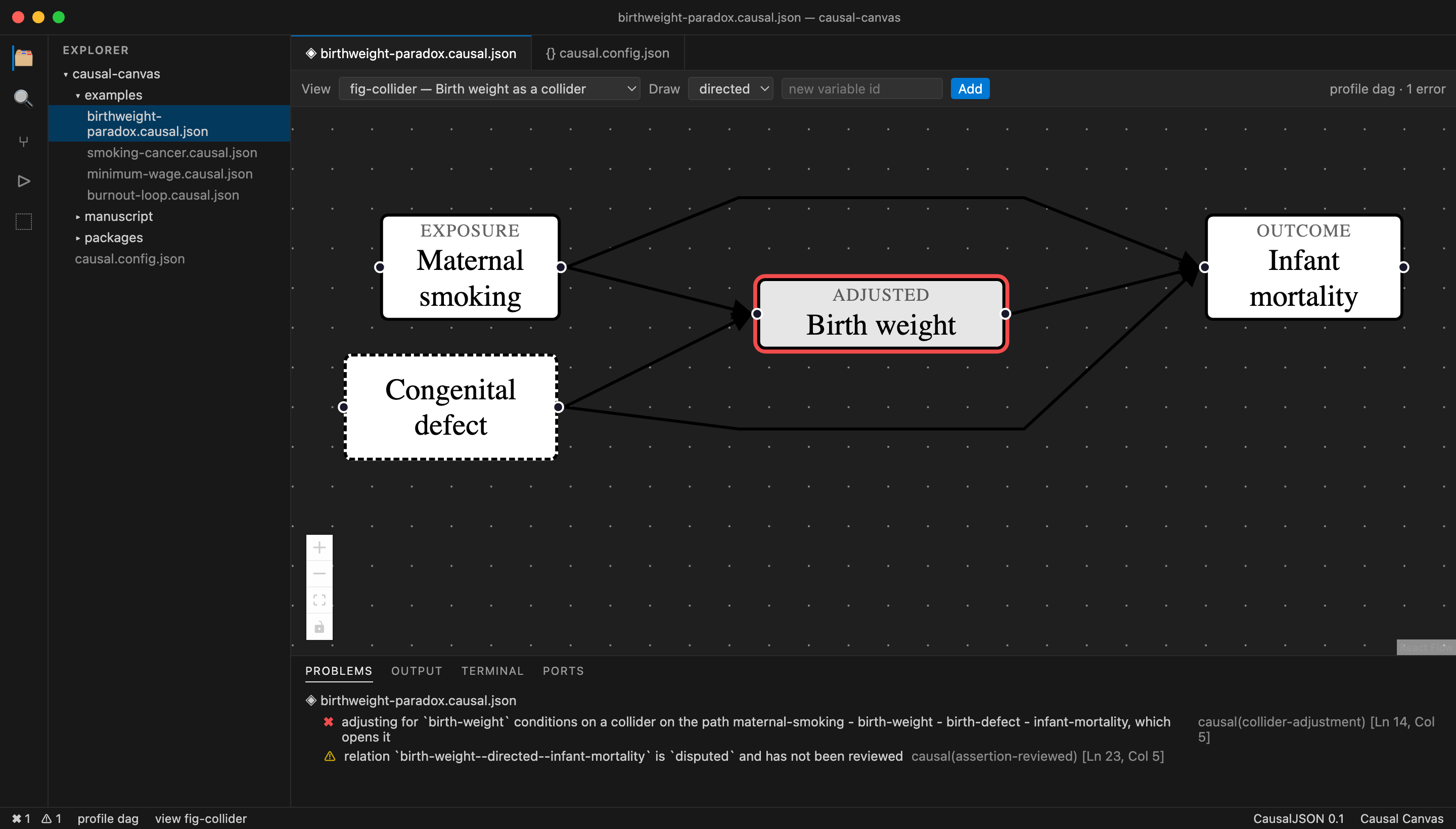 The Causal Canvas editor open on a causal model. Four variables — maternal smoking, birth weight, congenital defect, infant mortality — are laid out on a canvas, with birth weight outlined in red. The Problems panel reports that adjusting for birth weight conditions on a collider.